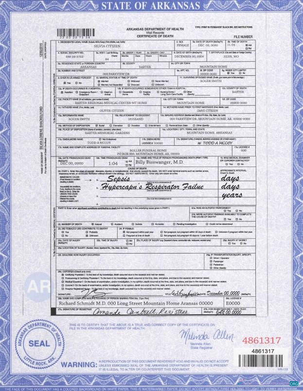 Download USA state Arkansas death certificate template in PSD format Photoshop template